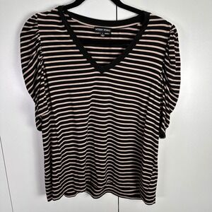 Modern Works Womens Lg Striped‎ V Neck Top Black Beige Paris Fall Chic Classic